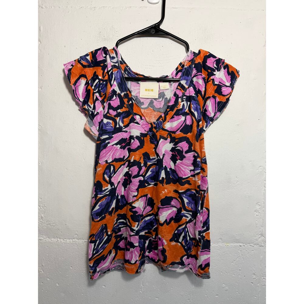 Maeve Anthropologie Ruffle Sleeve Floral Top V Neck Size XXS